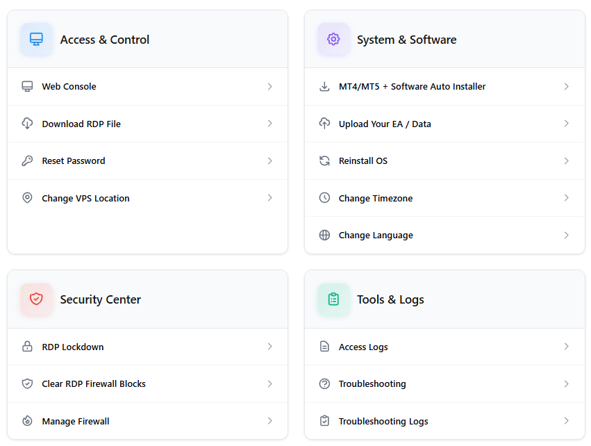 Forex VPS control panel dashboard interface