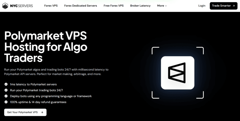Polymarket VPS hosting interface showing low-latency connectivity for prediction market trading