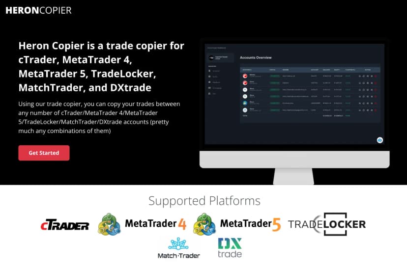 Heron Copier homepage showing cross-platform trade copier support for cTrader, MetaTrader 4, MetaTrader 5, TradeLocker, MatchTrader, and DXtrade