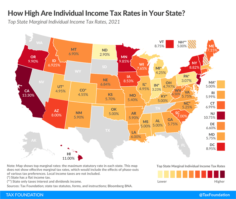 US state income tax rates map from Tax Foundation showing states with no income tax highlighted for prop firm traders
