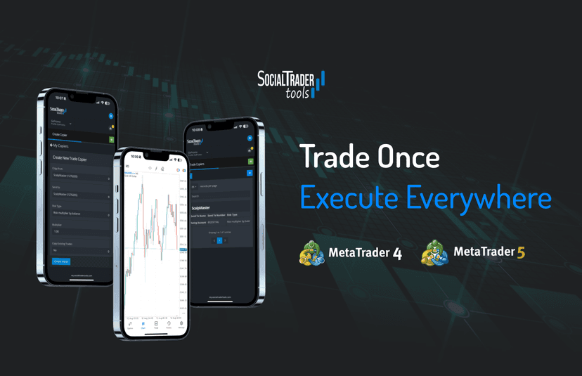 Social Trader Tools mobile interface showing trade copier setup on smartphones with MetaTrader 4 and MetaTrader 5 compatibility