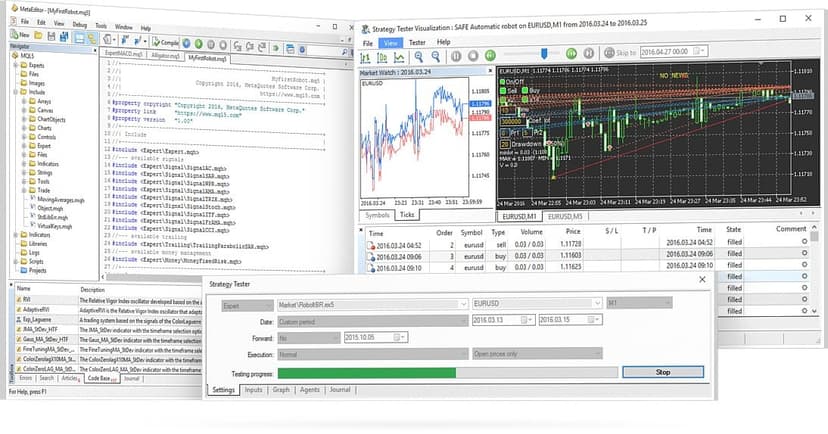 MetaTrader 5 algorithmic trading IDE showing MQL5 code editor, strategy tester, and automated robot execution on EURUSD chart