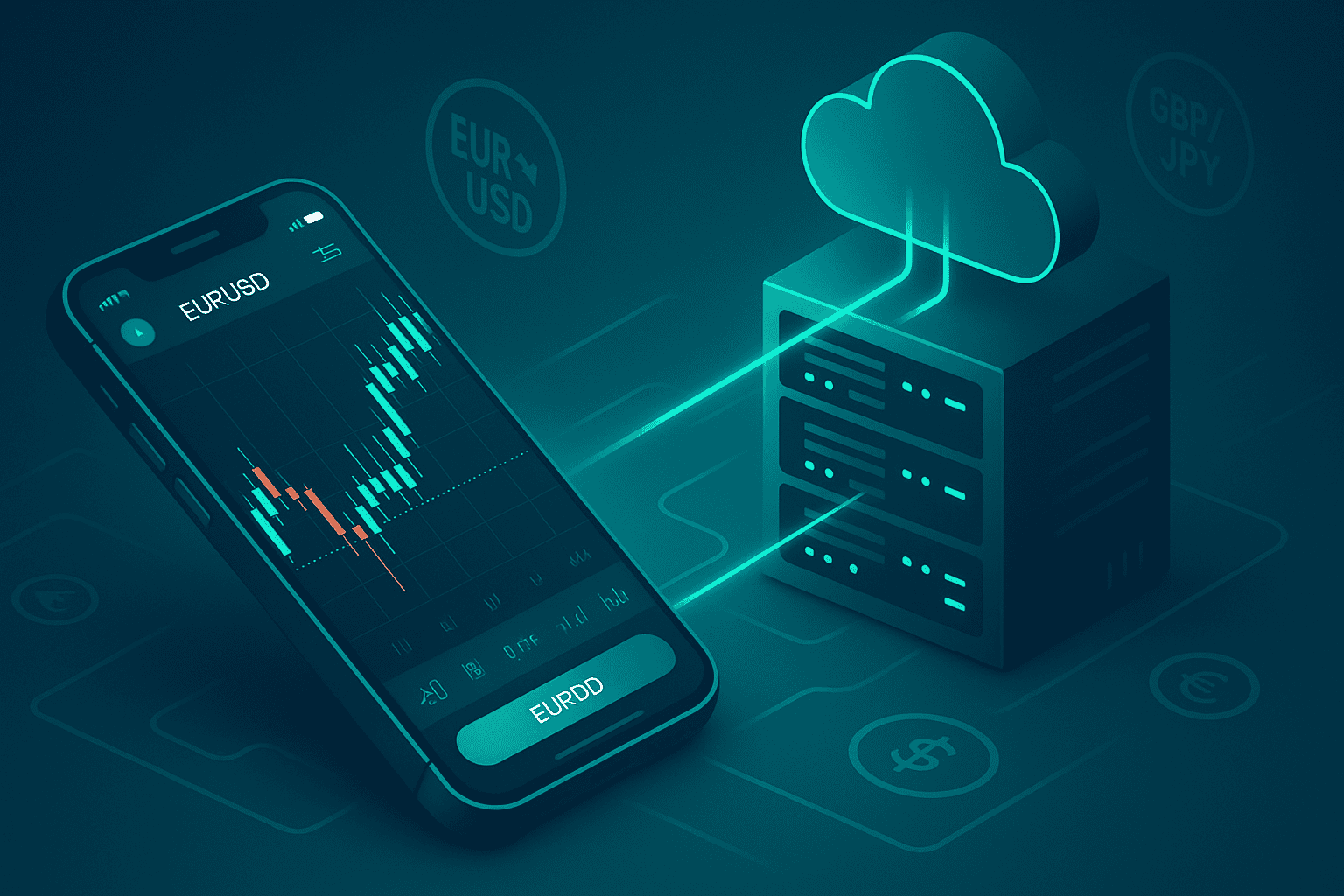 Isometric illustration of MetaTrader mobile app connecting to a low-latency forex VPS cloud server
